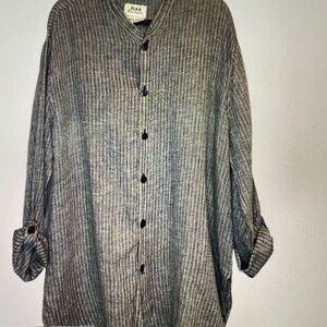 FLAX Men’s M Linen Tunic Shirt Band Collar Gray Stripe Relaxed Fit Long Untuck